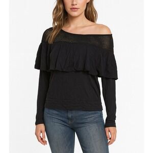 Don't Ask Why Black Ruffle Mesh Top Size Large‎